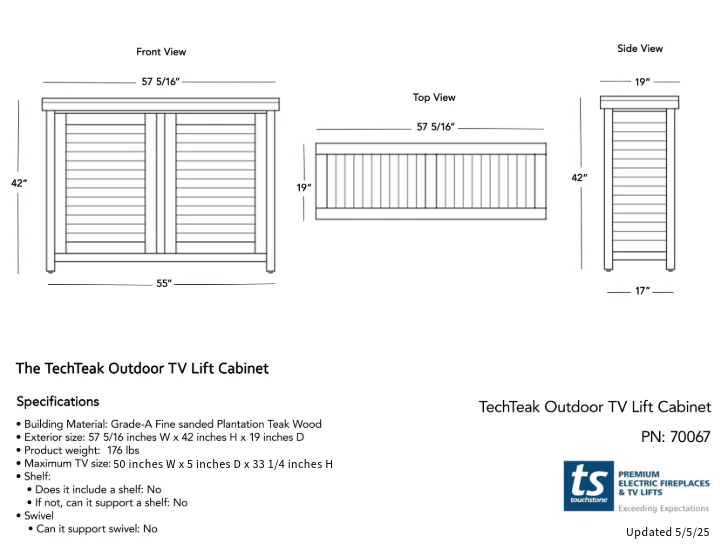 TechTeak® Outdoor Smart TV Lift Cabinet for TVs up to 55 inches - 70067