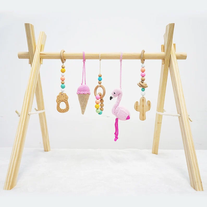 Handmade Wooden Baby Activity Center with 5 Hanging Toys: Eco-Friendly, Educational Play Gym with Handmade Toys