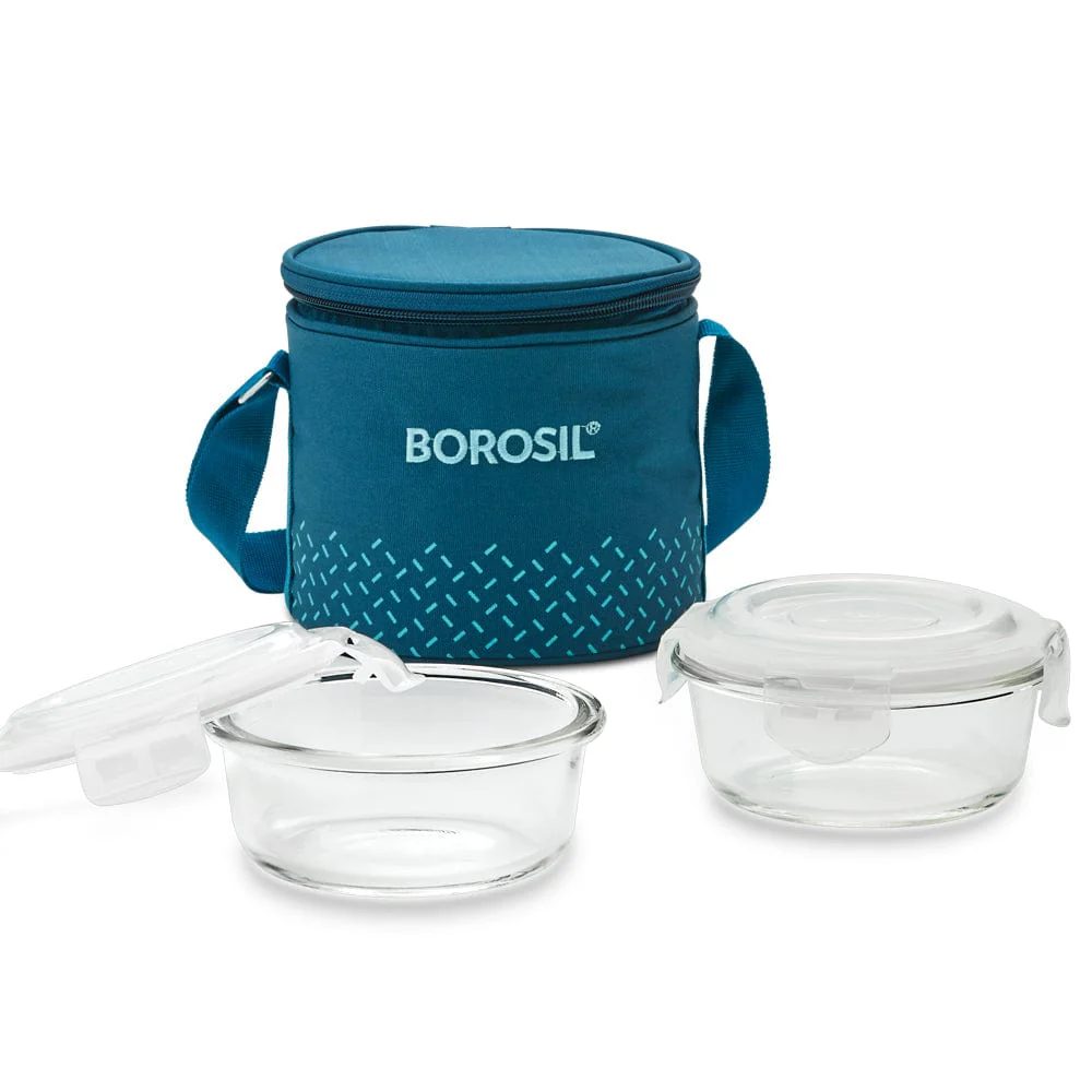 Borosil Teal Glass Lunchbox, Round x 2 (Tall Bag), 400ml x 2
