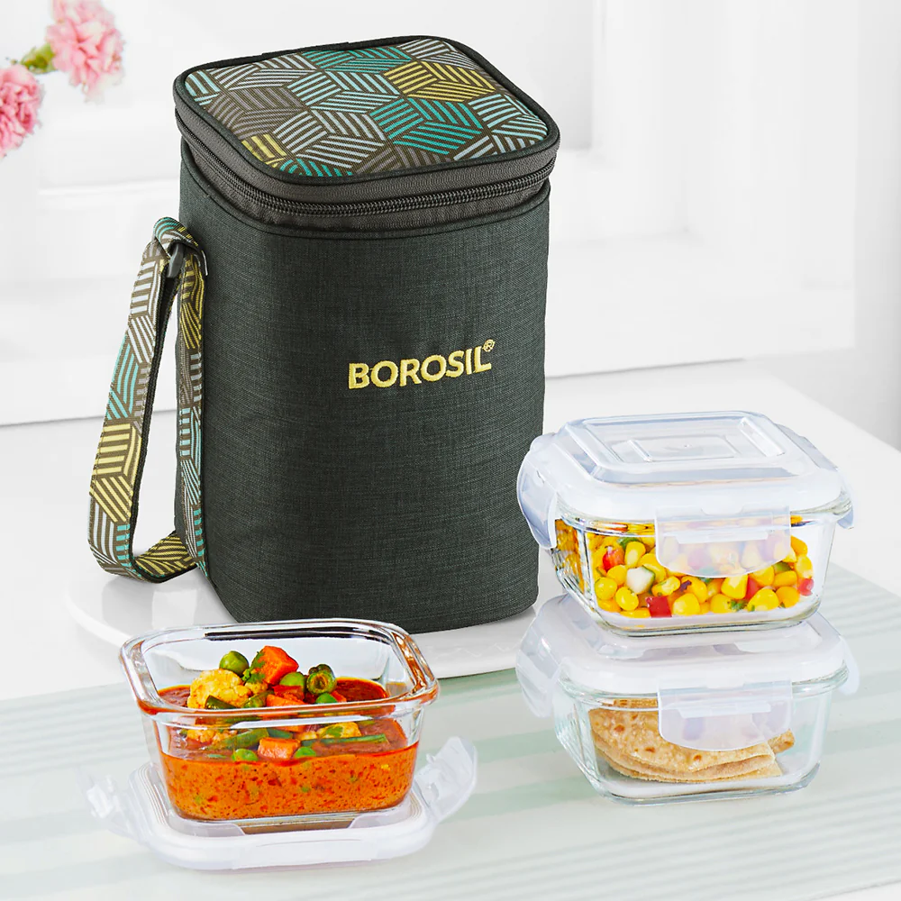 Borosil Foodluck Olive Glass Lunchbox, Square x 3