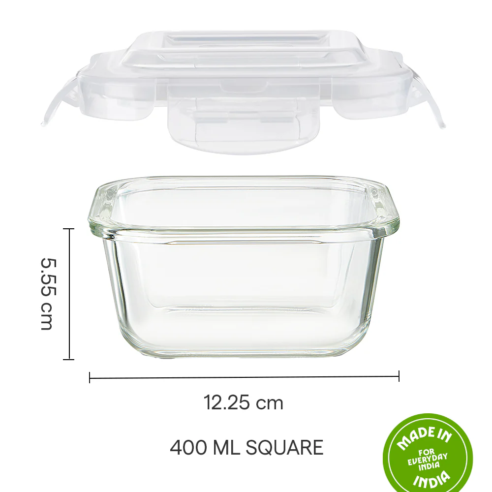 Borosil Klip n Store Square Glass Container, 400 ml