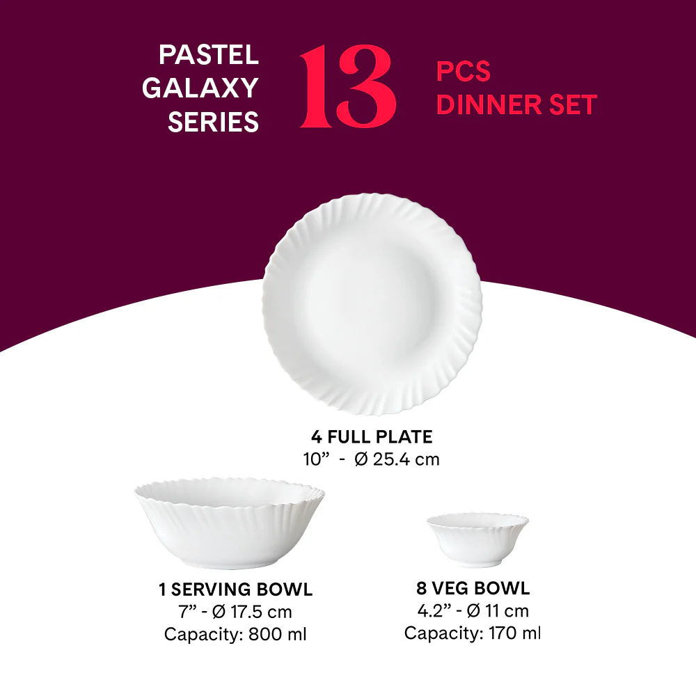 Larah by Borosil, Pastel Dinner Set, 13 pc