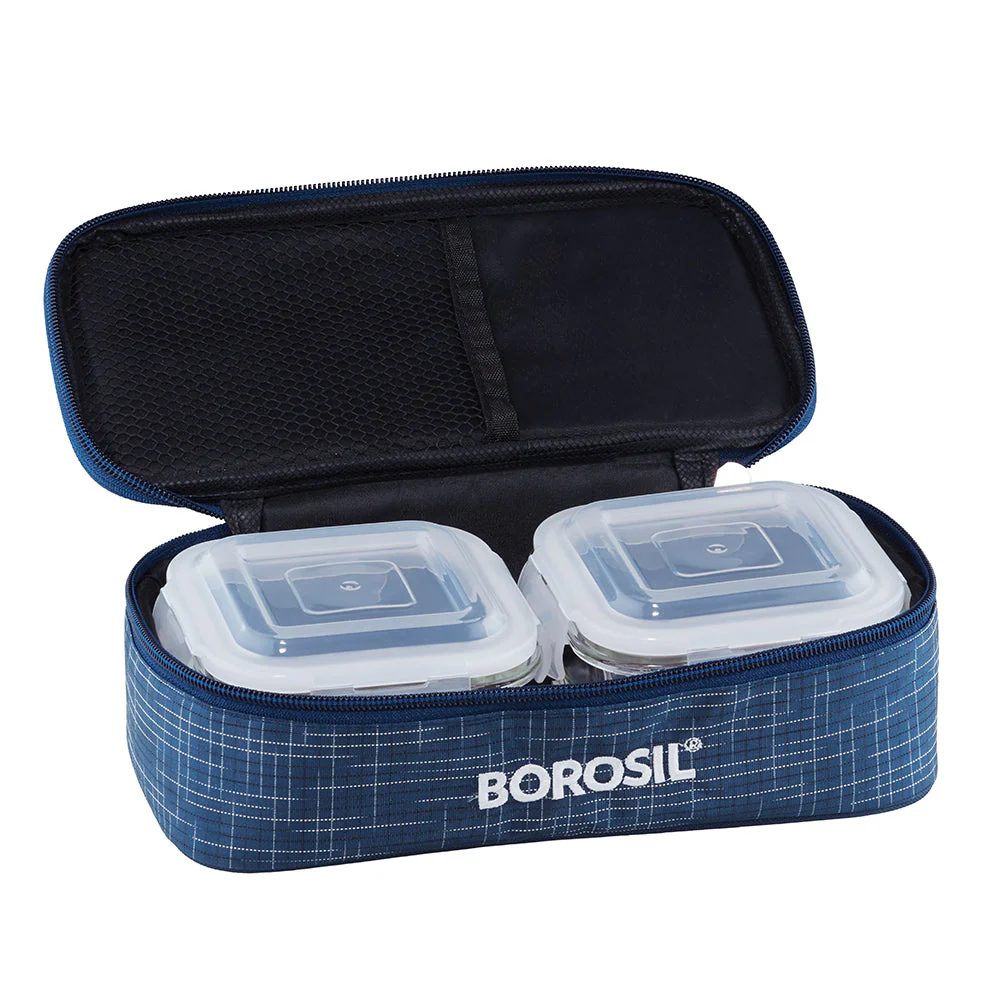 Borosil Indigo Glass Lunchbox, Square x 2 (Flat Bag), 320ml x 2