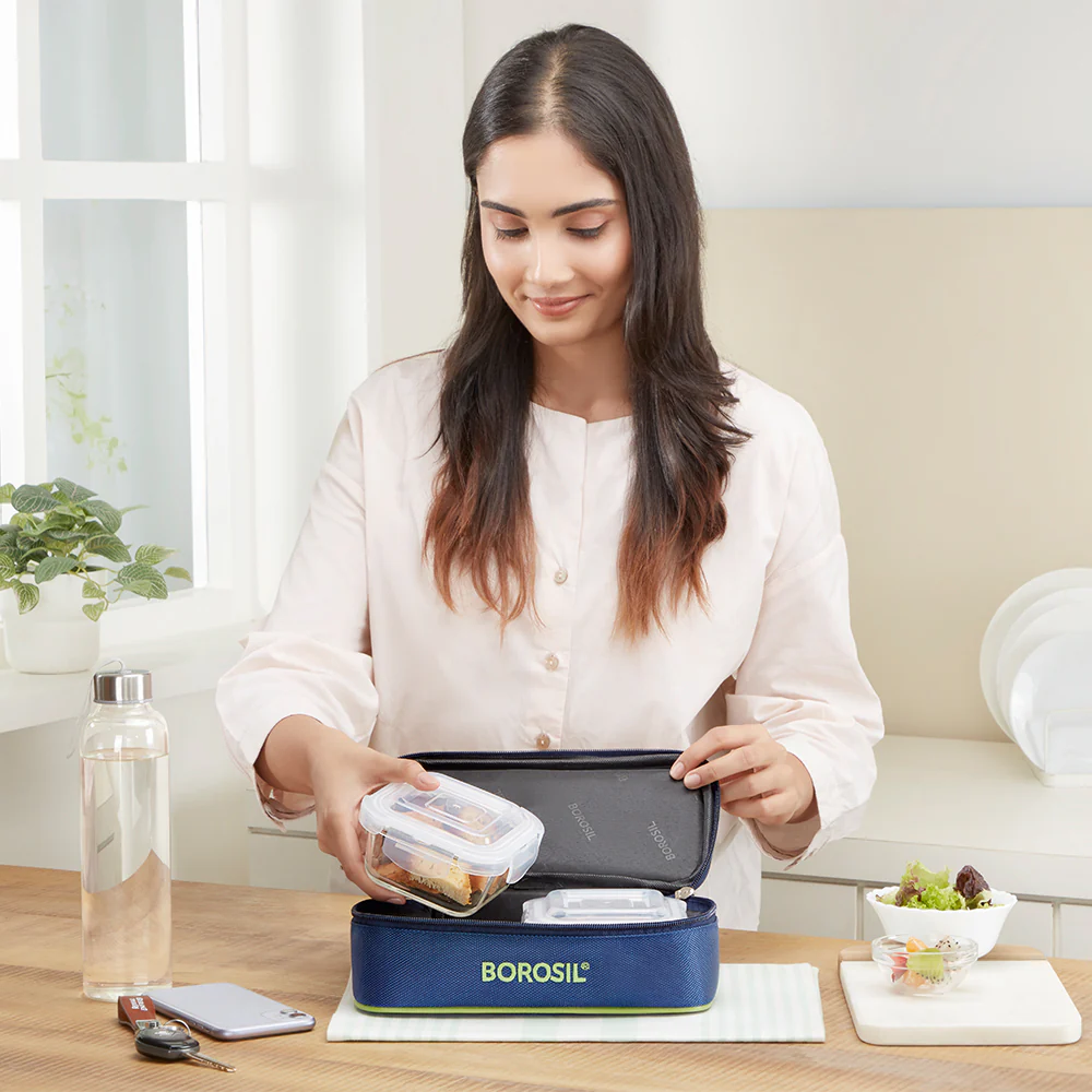 Borosil Blue Glass Lunchbox, Square x 2 (Flat), 320ml x 2