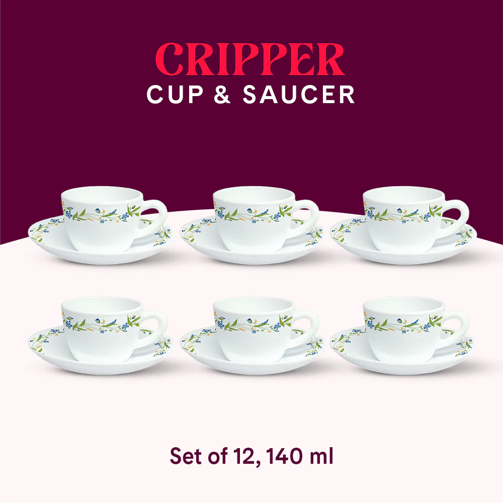 Larah by Borosil Cripper Cup n Saucer Set, 140ml x 12
