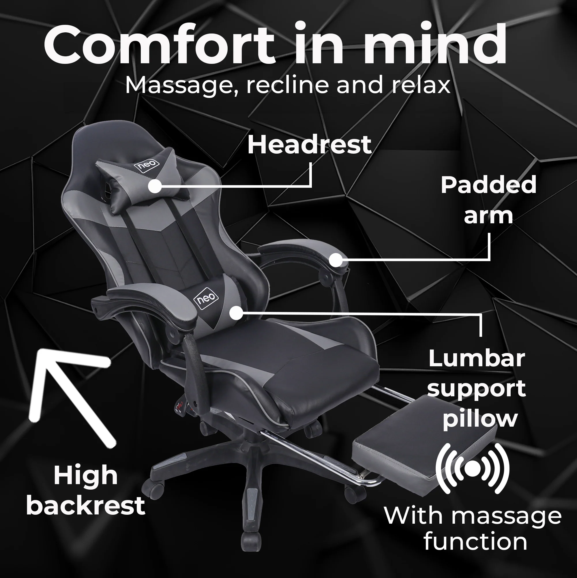 Neo Gaming Chair Grey & Black PU Leather with Footrest