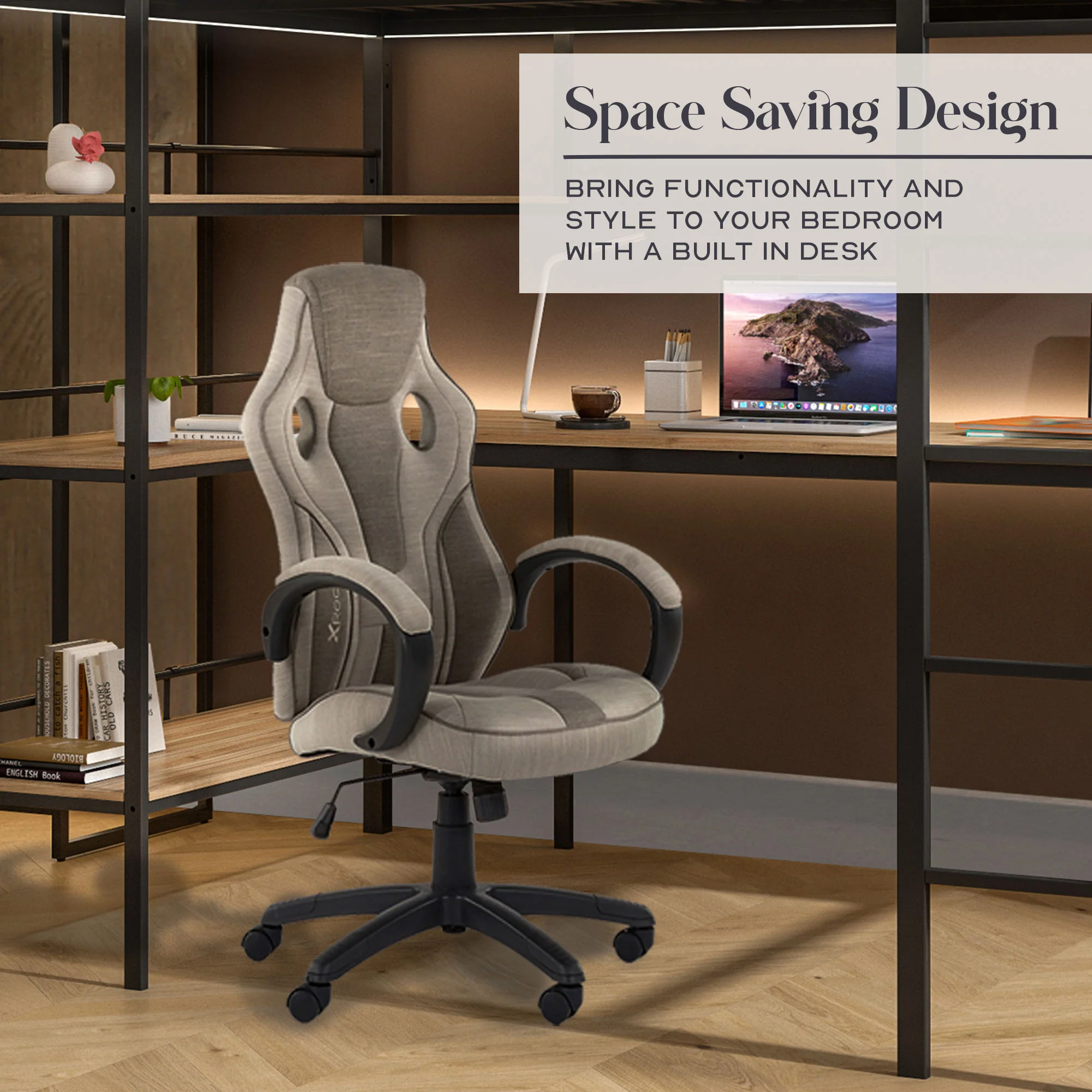 Denver LED High Sleeper Double Bunk Bed with Desk - Oak / Black RGB