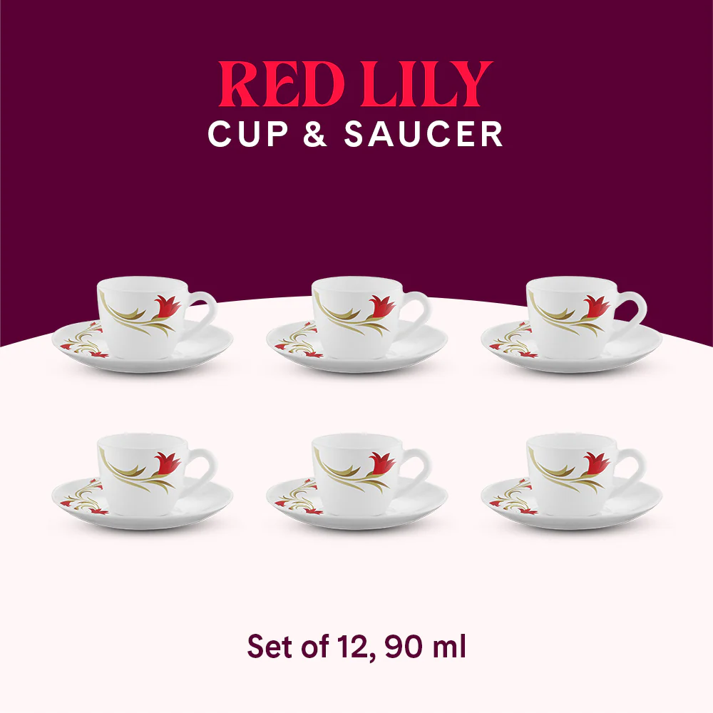 Larah by Borosil Red Lily Cup n Saucer Set, 90ml x 12