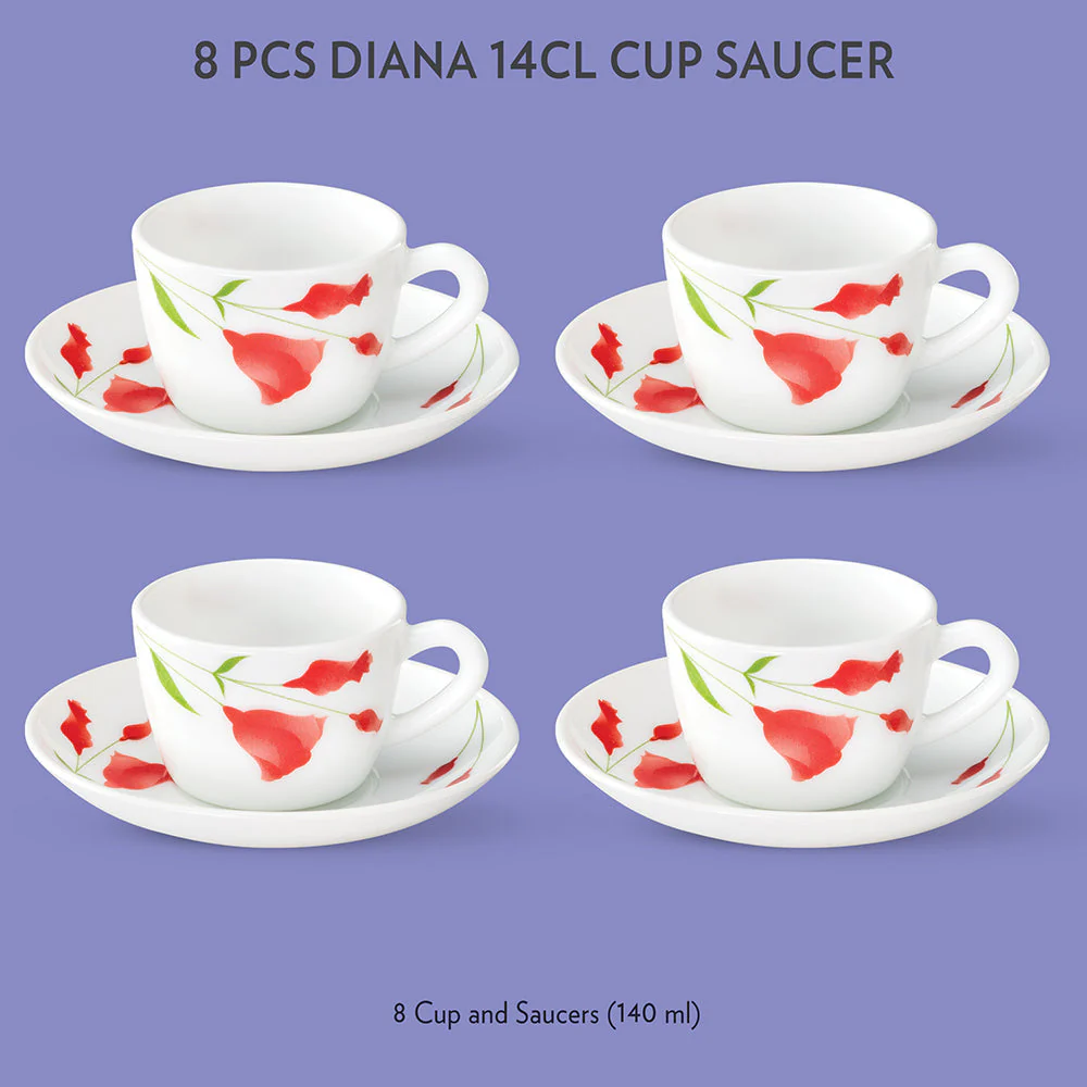 Larah by Borosil Diana Cup n Saucer Set, 140ml x 8