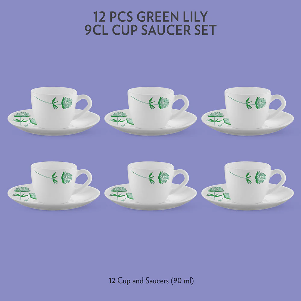 Larah by Borosil Green Lily Cup n Saucer Set, 140ml x 12