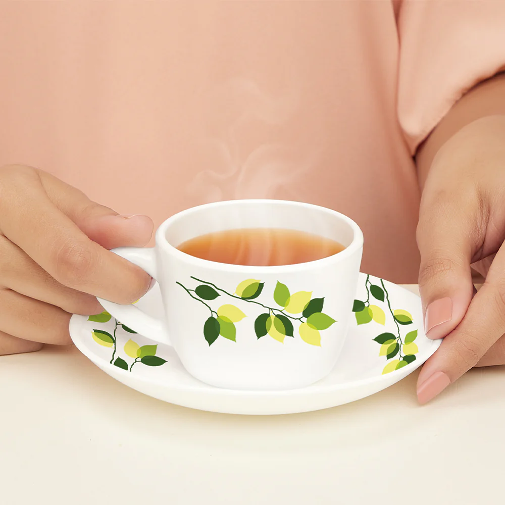Larah By Borosil Green Leaves Cup n Saucer Set, 140ml x 12