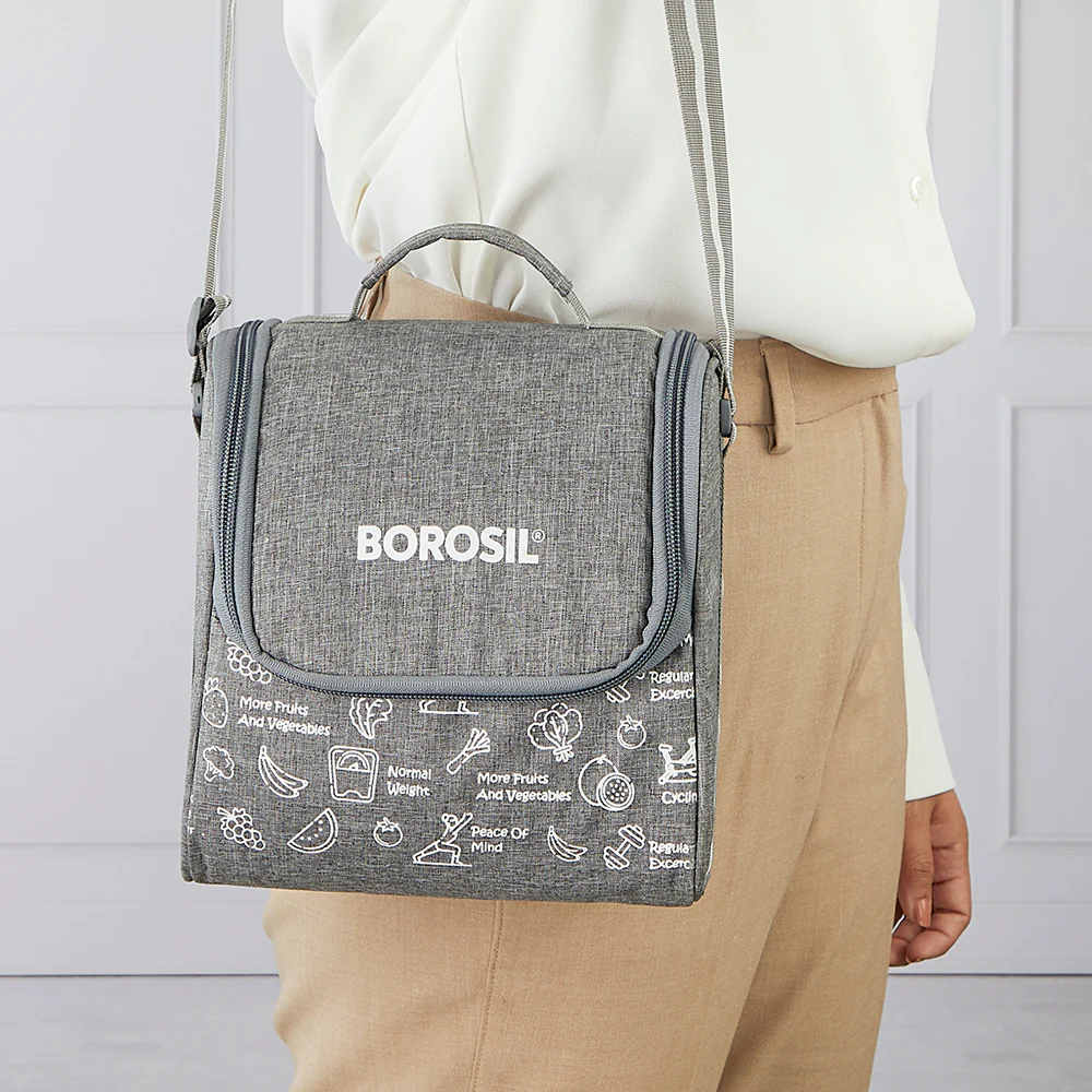 Borosil Slate Stainless Steel Lunchbox w SS Bottle, (280ml x 3) + (600ml Bottle x 1)