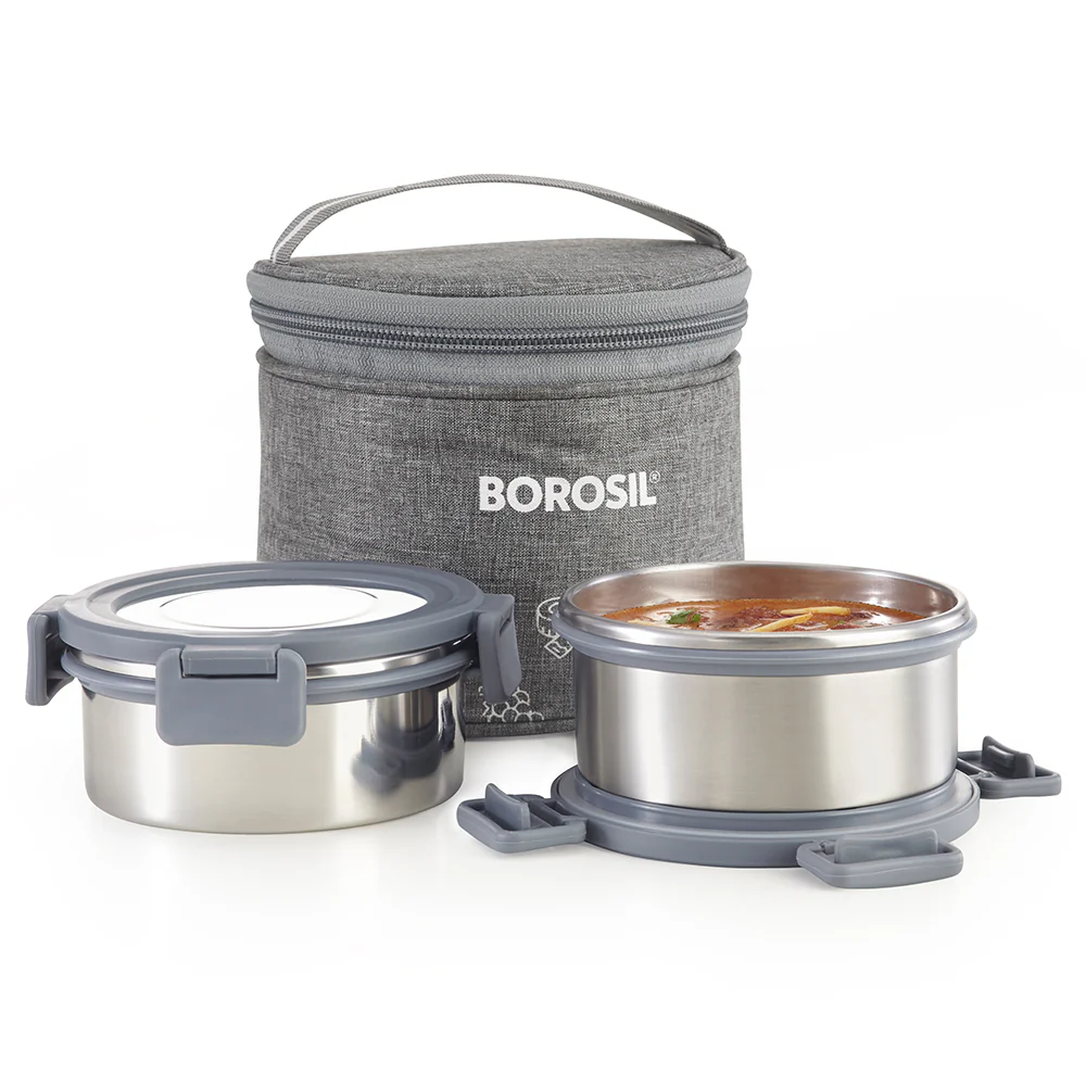 Borosil Slate Stainless Steel Lunchbox, Set of 2, Tall, 280ml