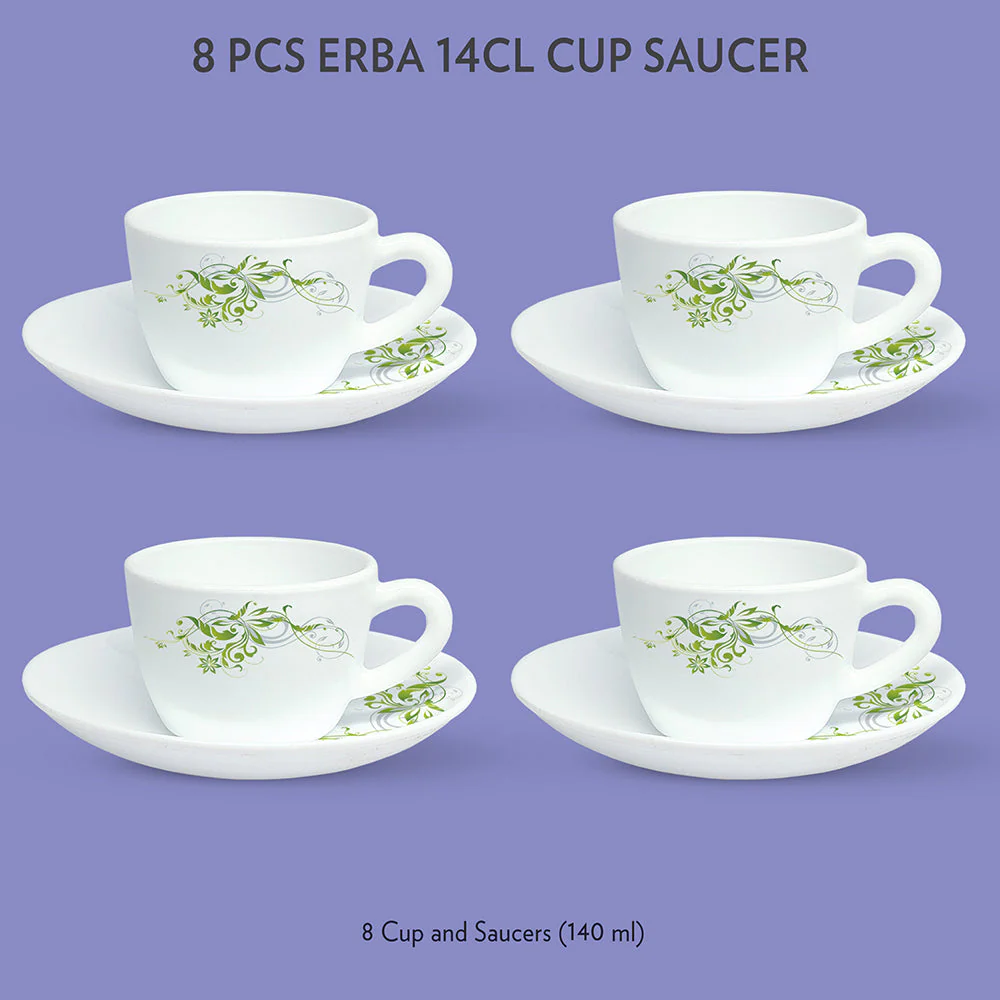 Larah by Borosil Erba Cup n Saucer Set, 140ml x 8