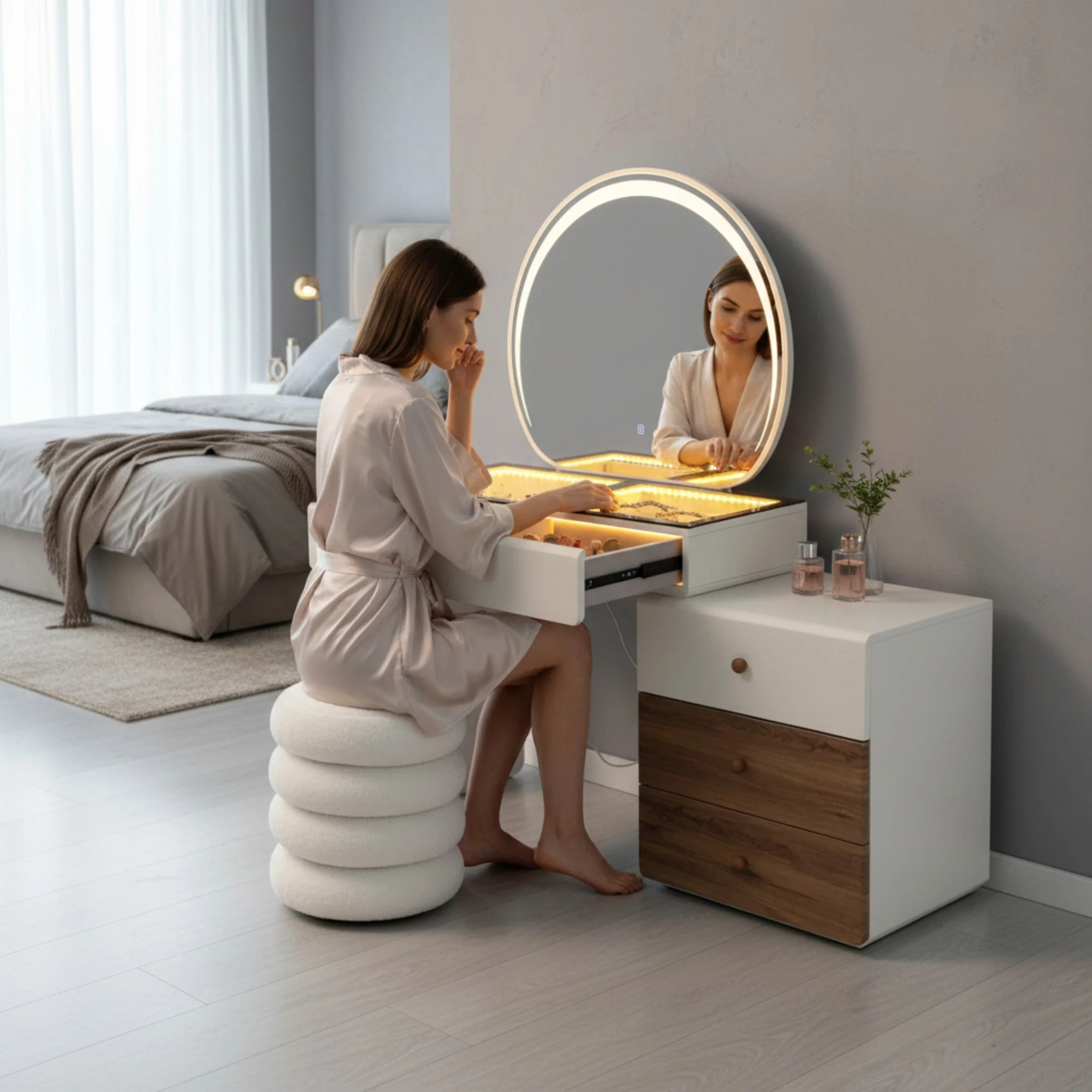 Dressing Table With Round LED Mirror And Plush Stool 9894