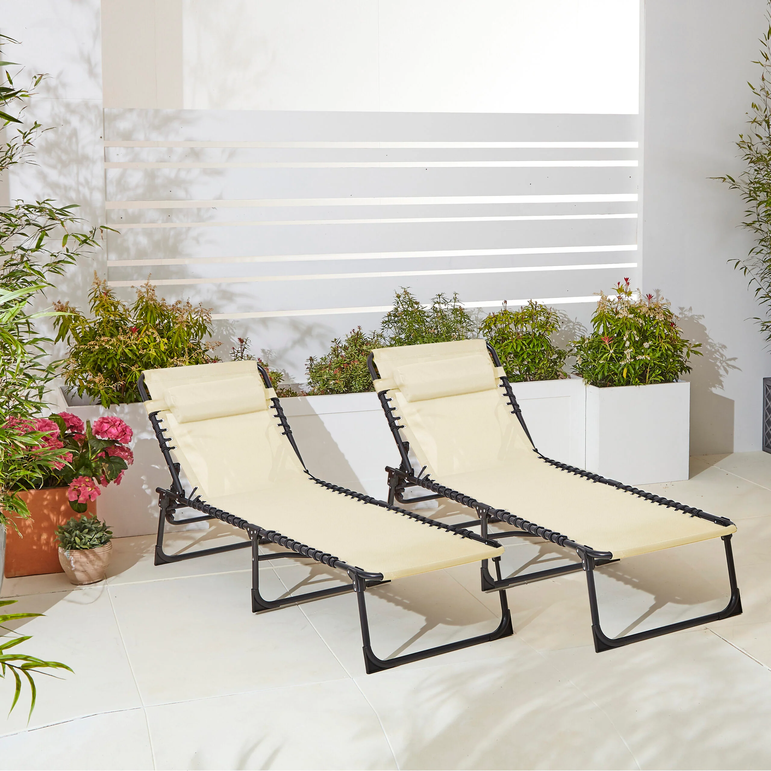 Neo Pair of Cream Outdoor Garden Folding Sun Loungers