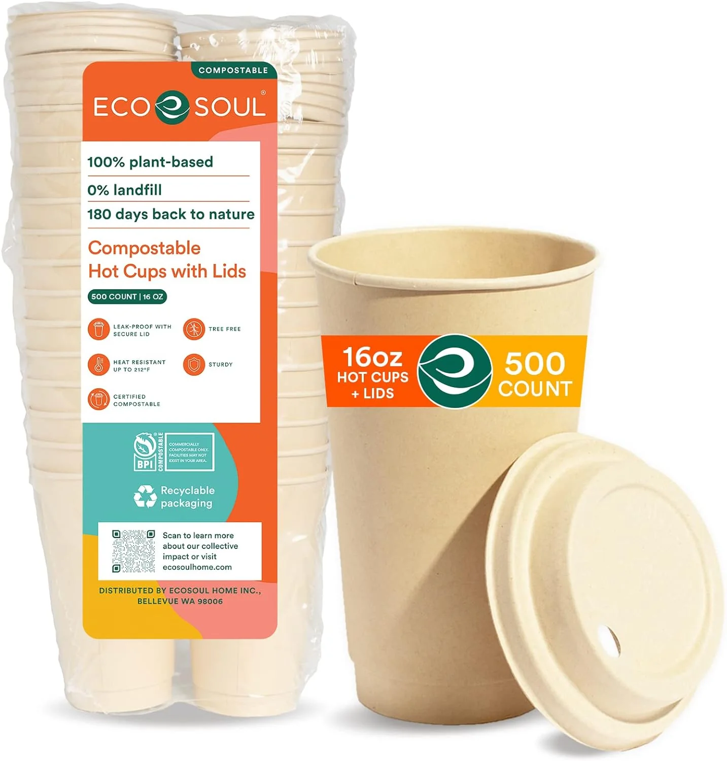 16oz Hot Cups with Compostable Lids 500 Count, Plant-Based Disposable Bagasse Paper Cups Eco-friendly Sturdy, Microwave & Oven Safe