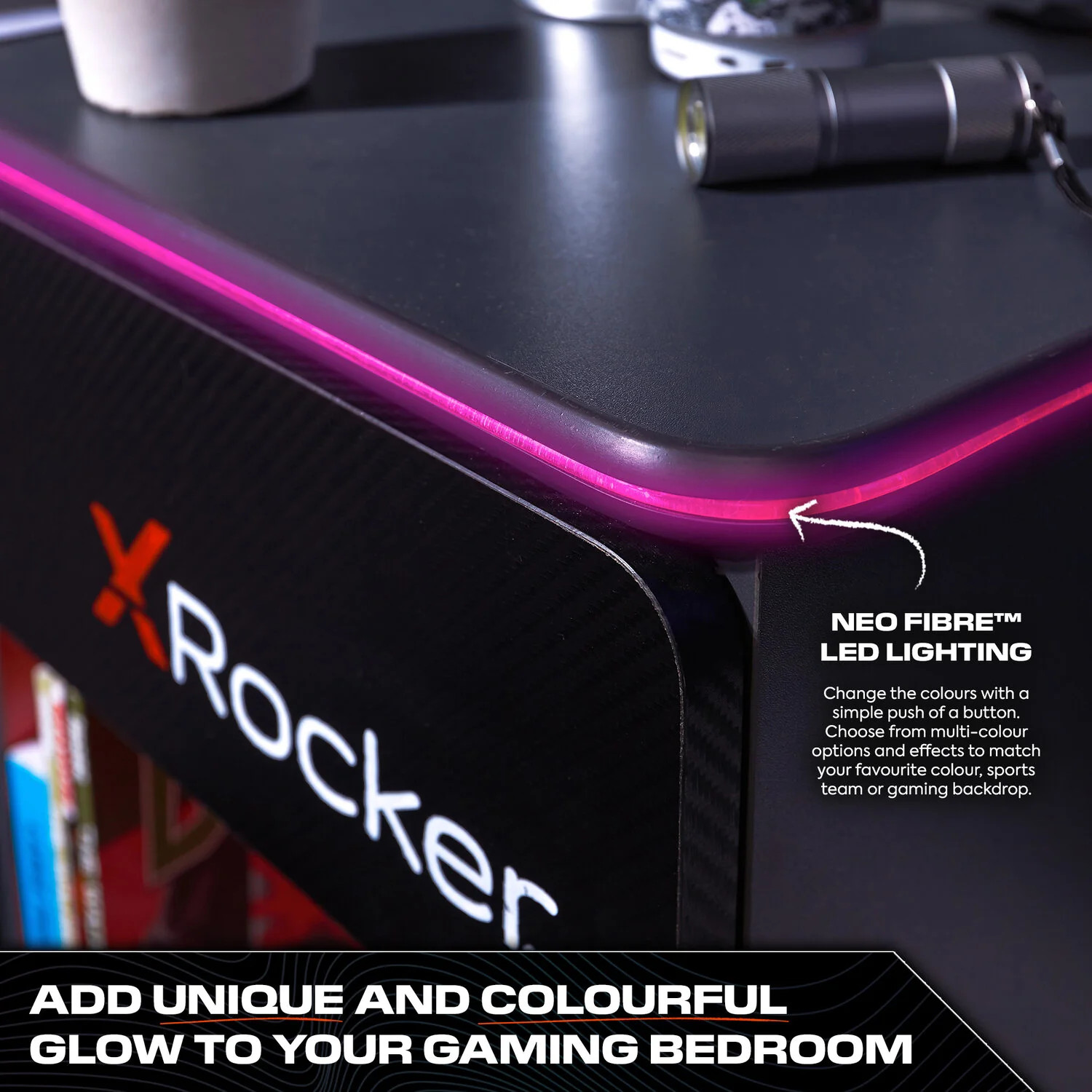 Carbon-Tek LED Bedside Side Table with Wireless Charging and Drawer - Grey / Red RGB