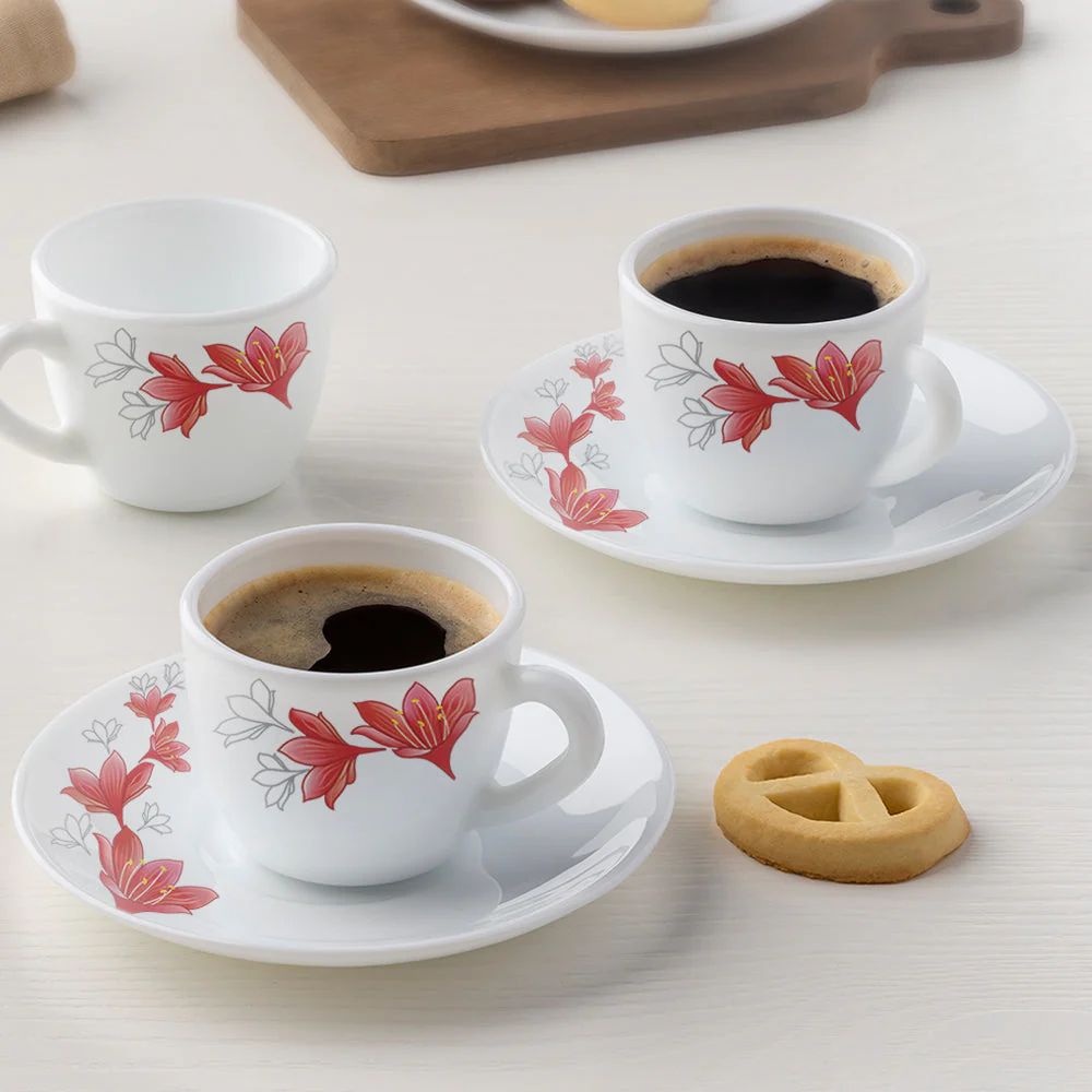 Larah by Borosil Ruby Cup n Saucer Set, 140ml x 12