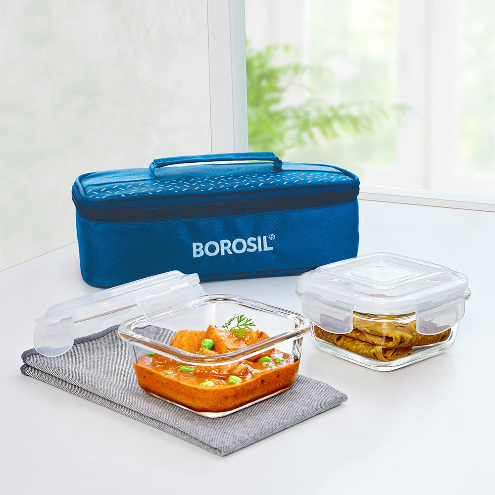 Borosil Teal Glass Lunch Box, Square x 2 (Flat), 320ml x 2