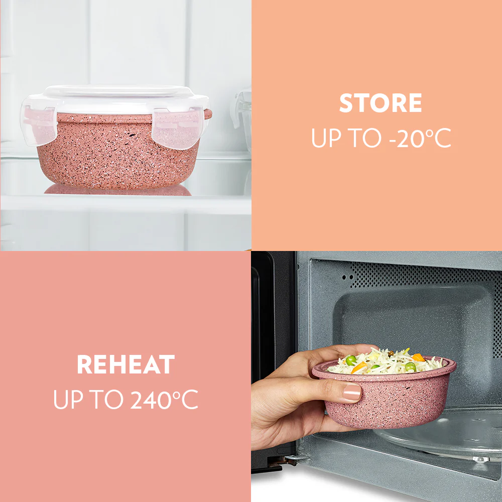 Borosil Kube Pink Glass Lunch Box, Round x 3 (Tall), Set of 3, 400ml