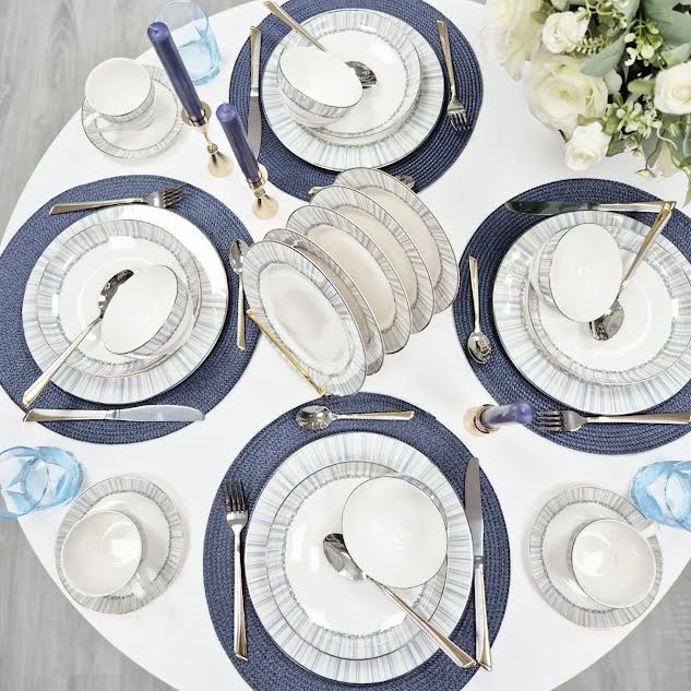 36 Piece Line Design Dinner Set White & Blue