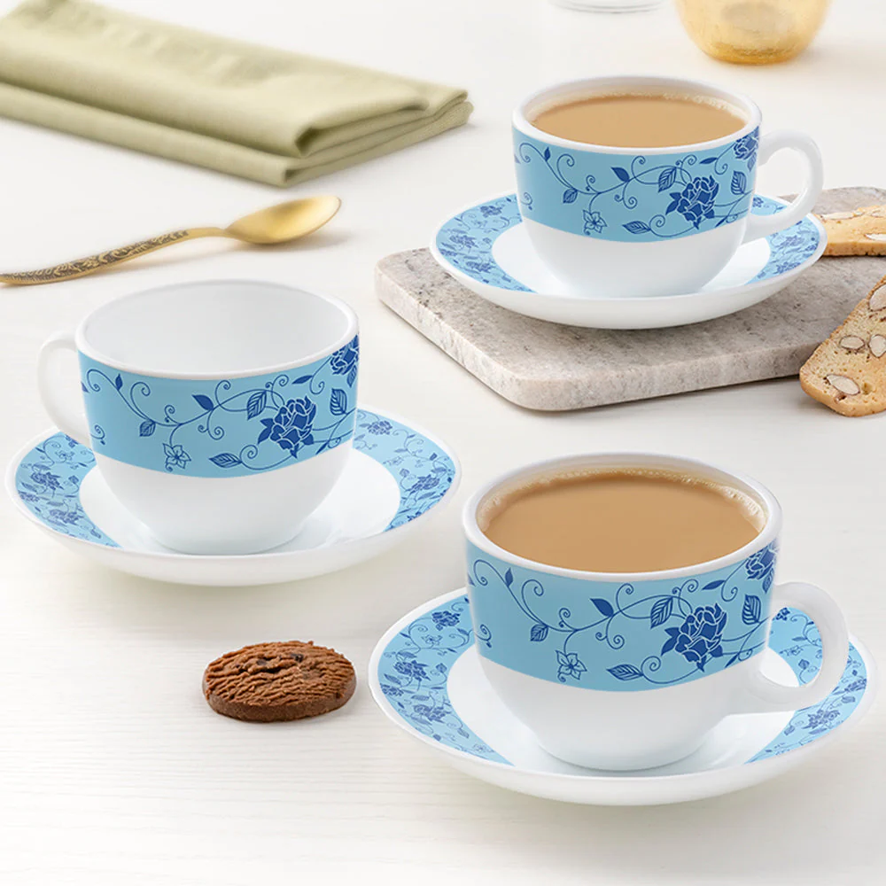 Larah by Borosil Rosa Blue Cup n Saucer Set, 220ml x 12