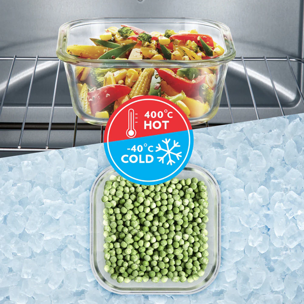 Ace Green Glass Lunch Box, Square x 4 (Flat), Set of 4, 320ml