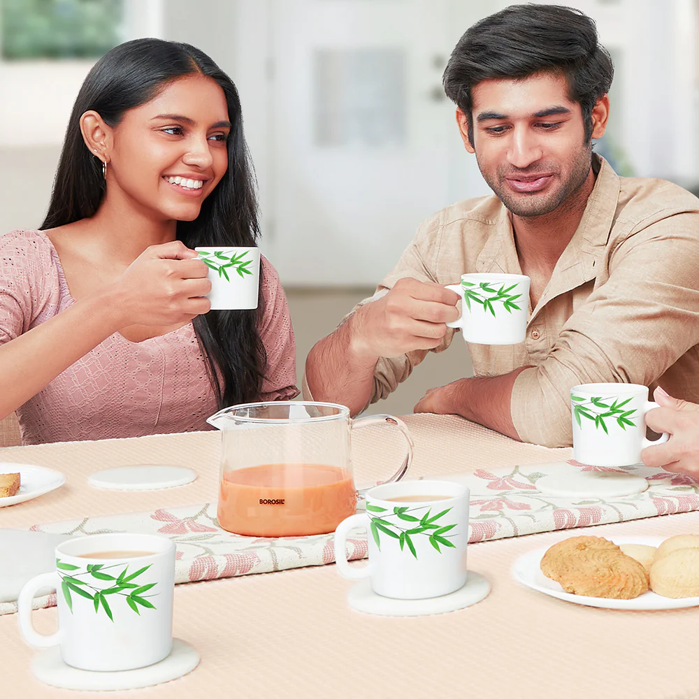 Larah by Borosil Bamboo Leaves Mug Set, 180ml x 6