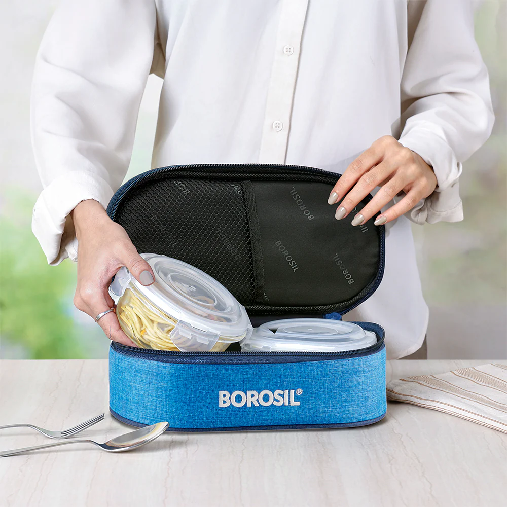 Borosil Prime Glass Lunchbox, Round x 2 (Tall), 400ml x 2