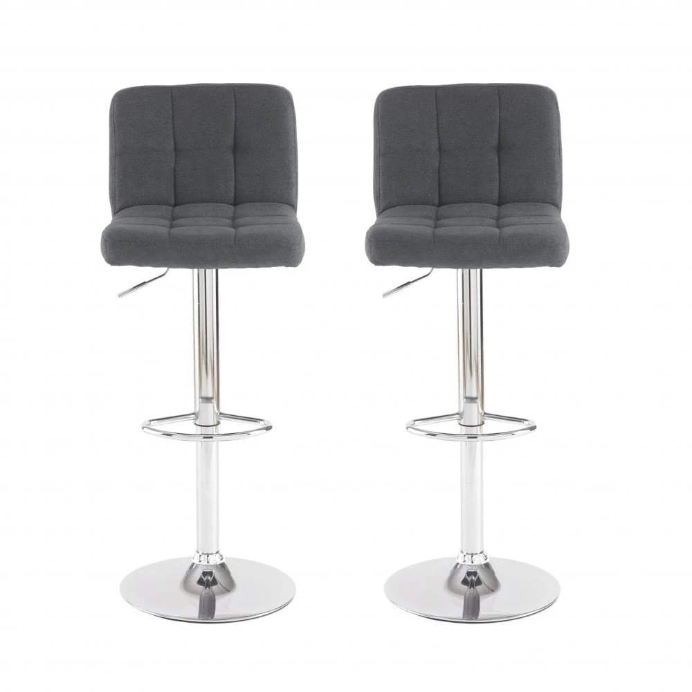 Neo Bar Stool Dark Grey Fabric & Polished Steel Frame Set of Two
