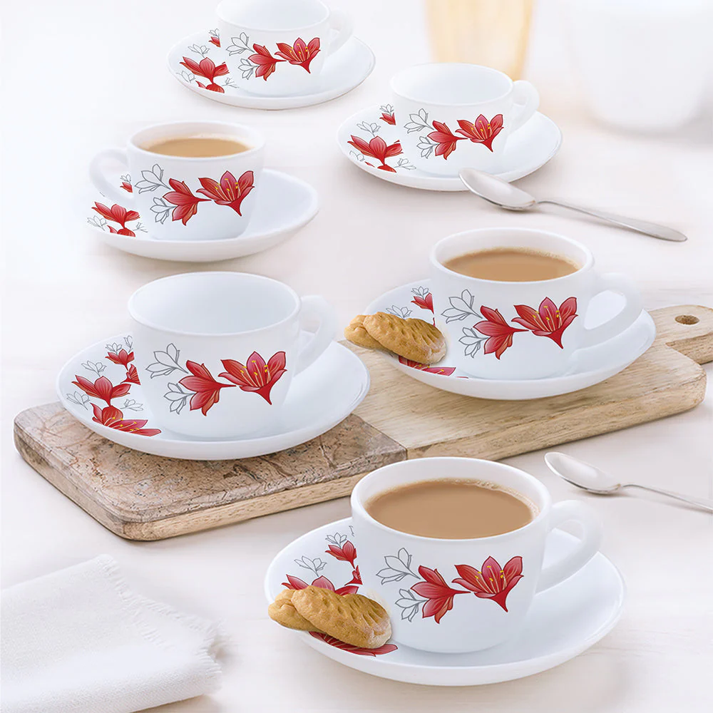Larah by Borosil Ruby Cup n Saucer Set, 140ml x 12