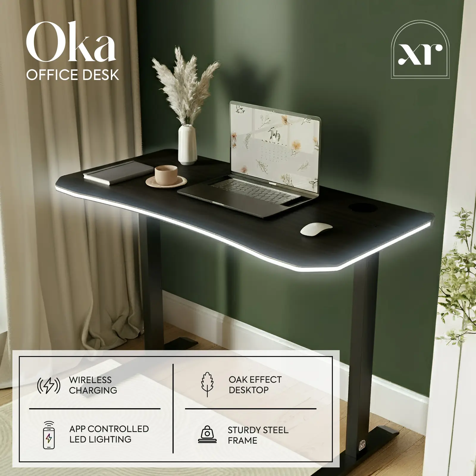Oka LED Office Desk with Wireless Charging - Black Ash RGB (2 Sizes)