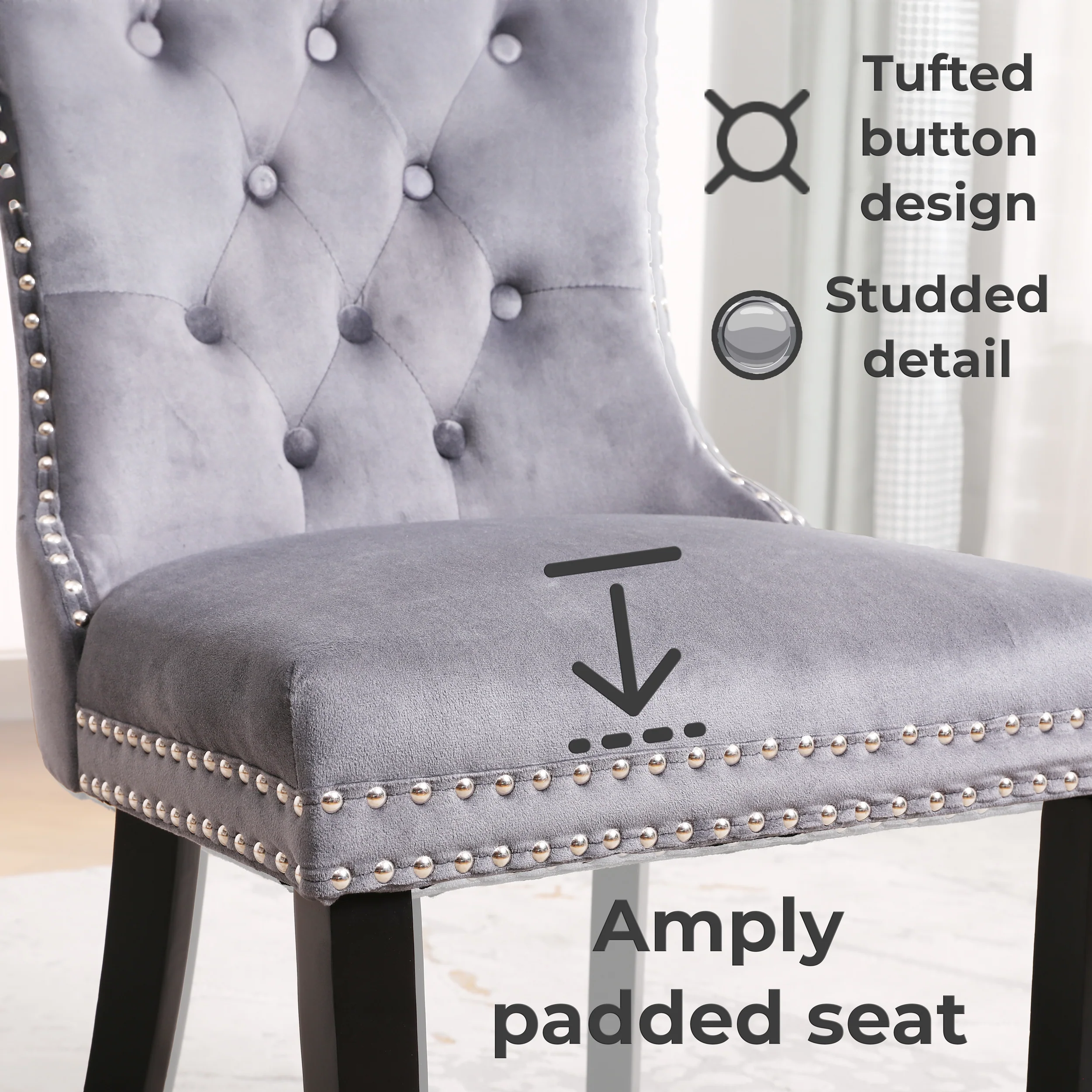 Neo Set of Four Grey Studded Velvet Dining Table Chairs with Ring Knocker Detail