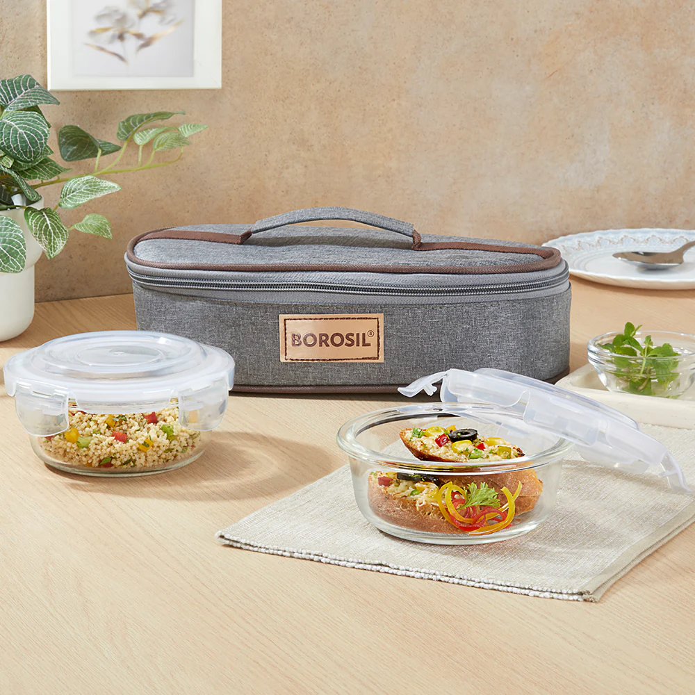 Borosil Pro Glass Lunchbox, Round x 2 (Flat), 400ml x 2