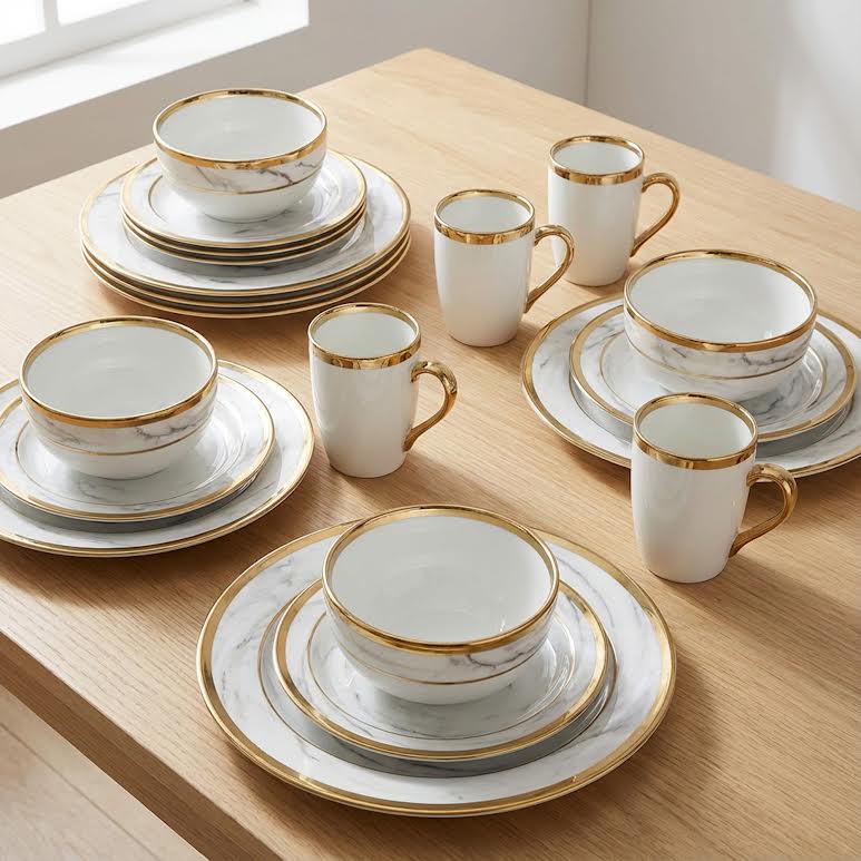 16 Piece Dinner Set with Trimming Gold & White
