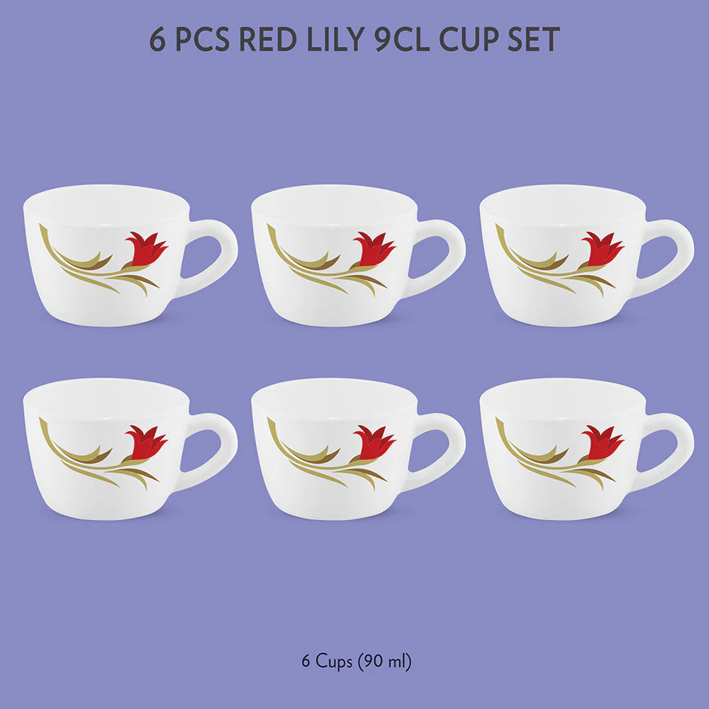 Larah by Borosil Red Lily Cup Set, 140ml x 6