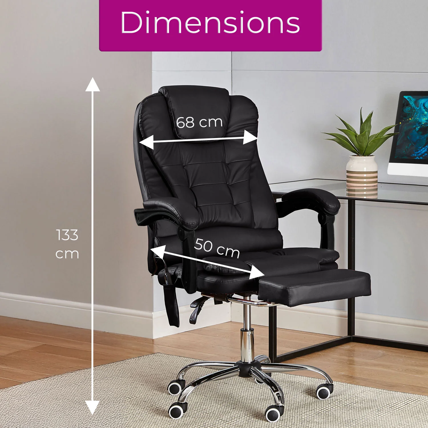 Neo Office Chair Black Faux Leather With Footrest & Massage Function Steel Frame