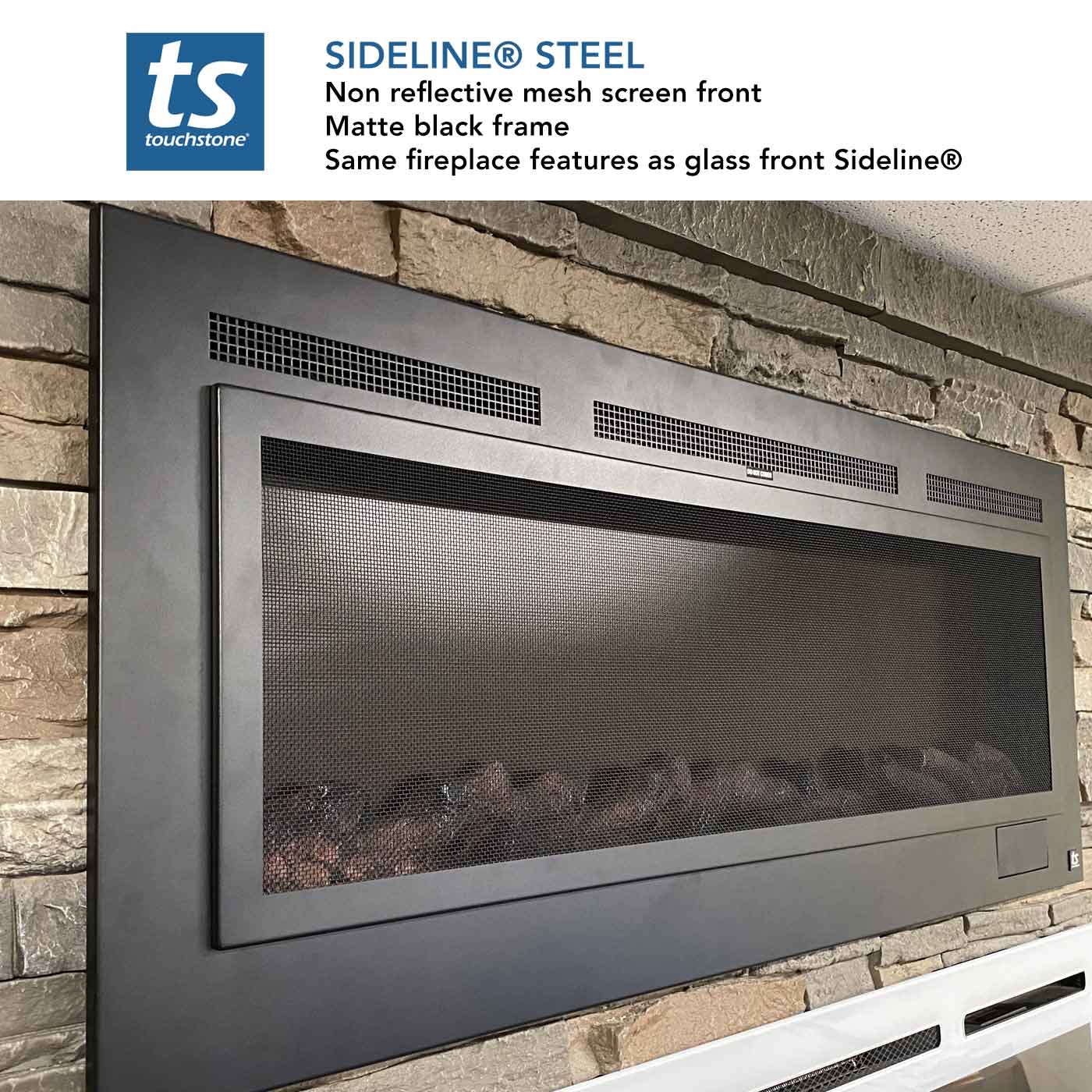 The Sideline Steel Mesh Screen Non Reflective 60 Inch Recessed Electric Fireplace 80047