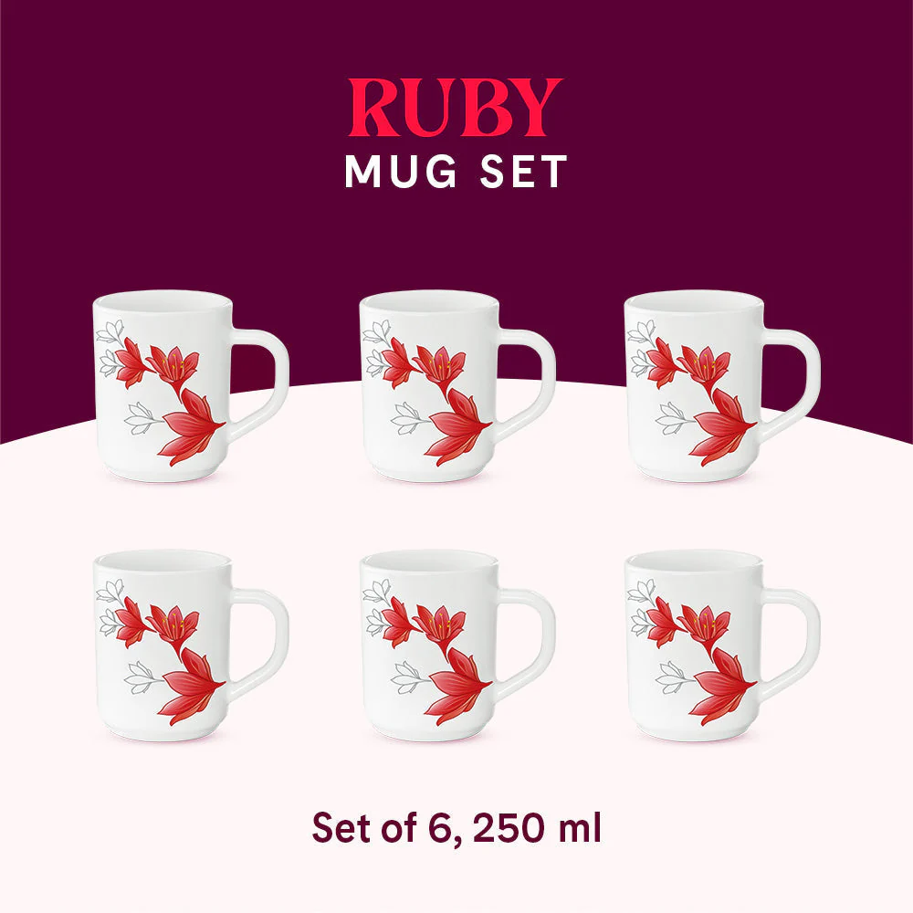 Larah by Borosil Ruby Mug Set, 180ml x 6