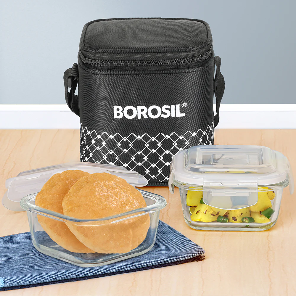 Borosil Zeal Black Lunch Bag, Square x 2 (Tall)