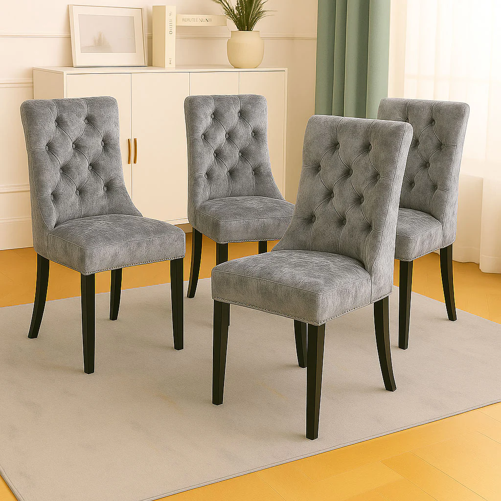 Neo Set of Four Grey Studded Velvet Dining Table Chairs with Ring Knocker Detail