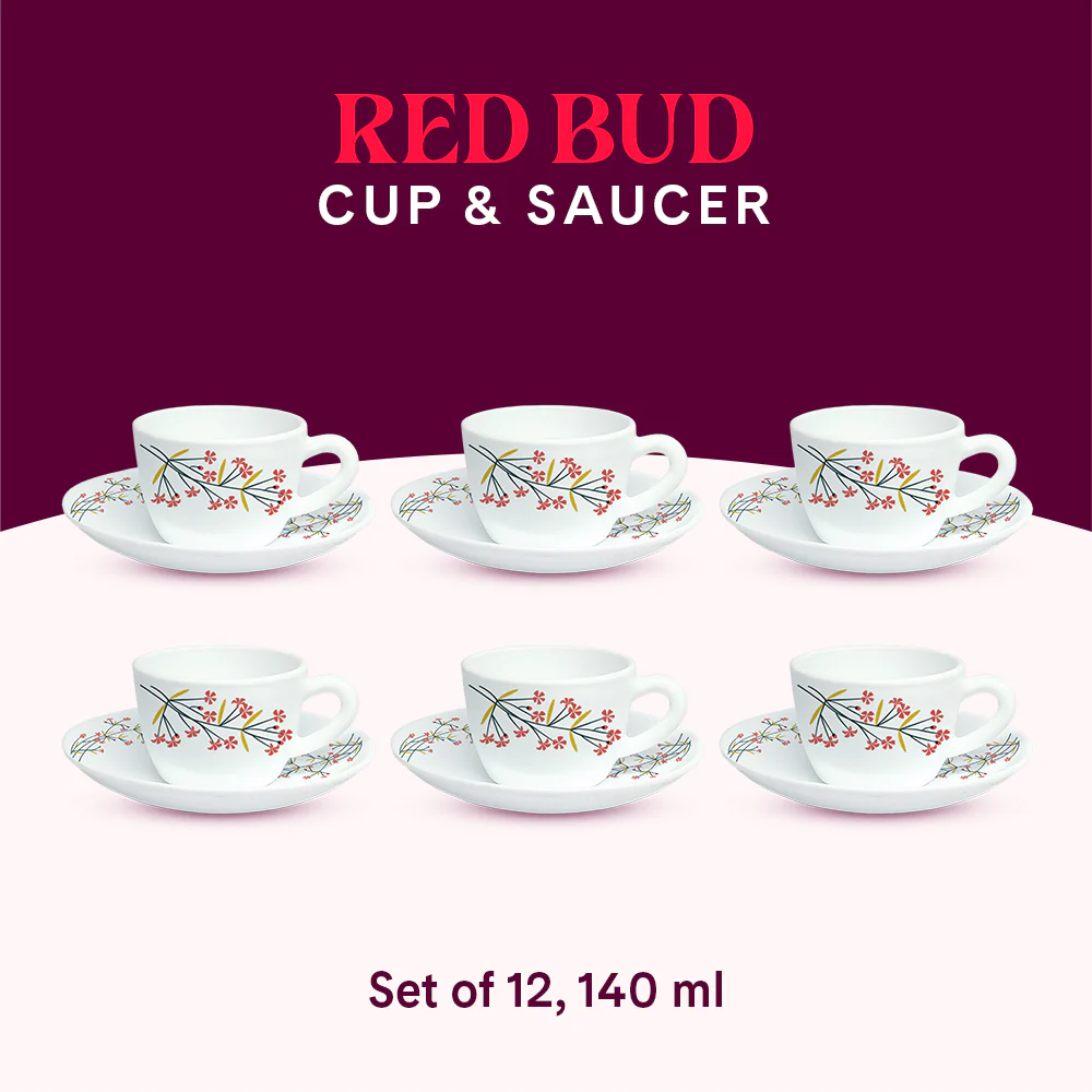 Larah By Borosil Red Bud Cup n Saucer Set, 140ml x 12