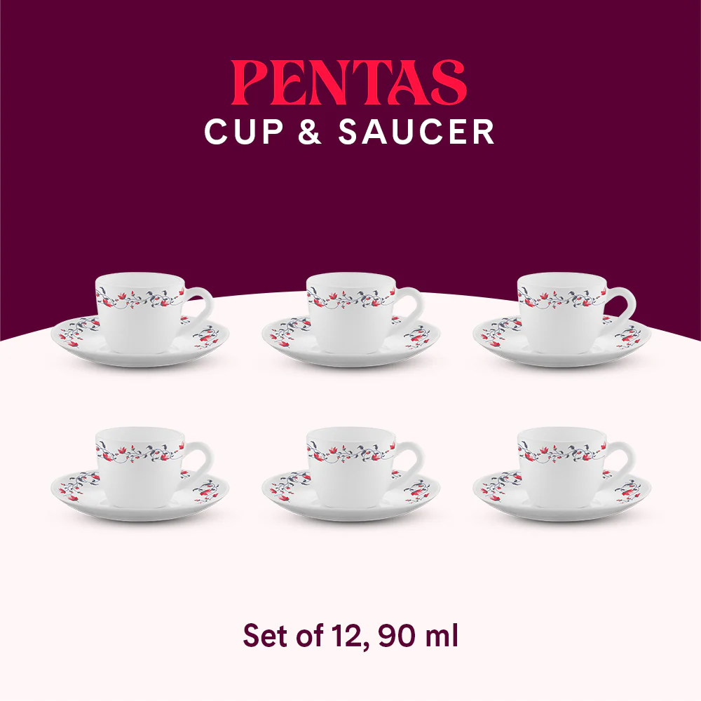 Larah by Borosil, Opalware, Microwave Safe, Pentas Cup n Saucer Set of 12, 90ml