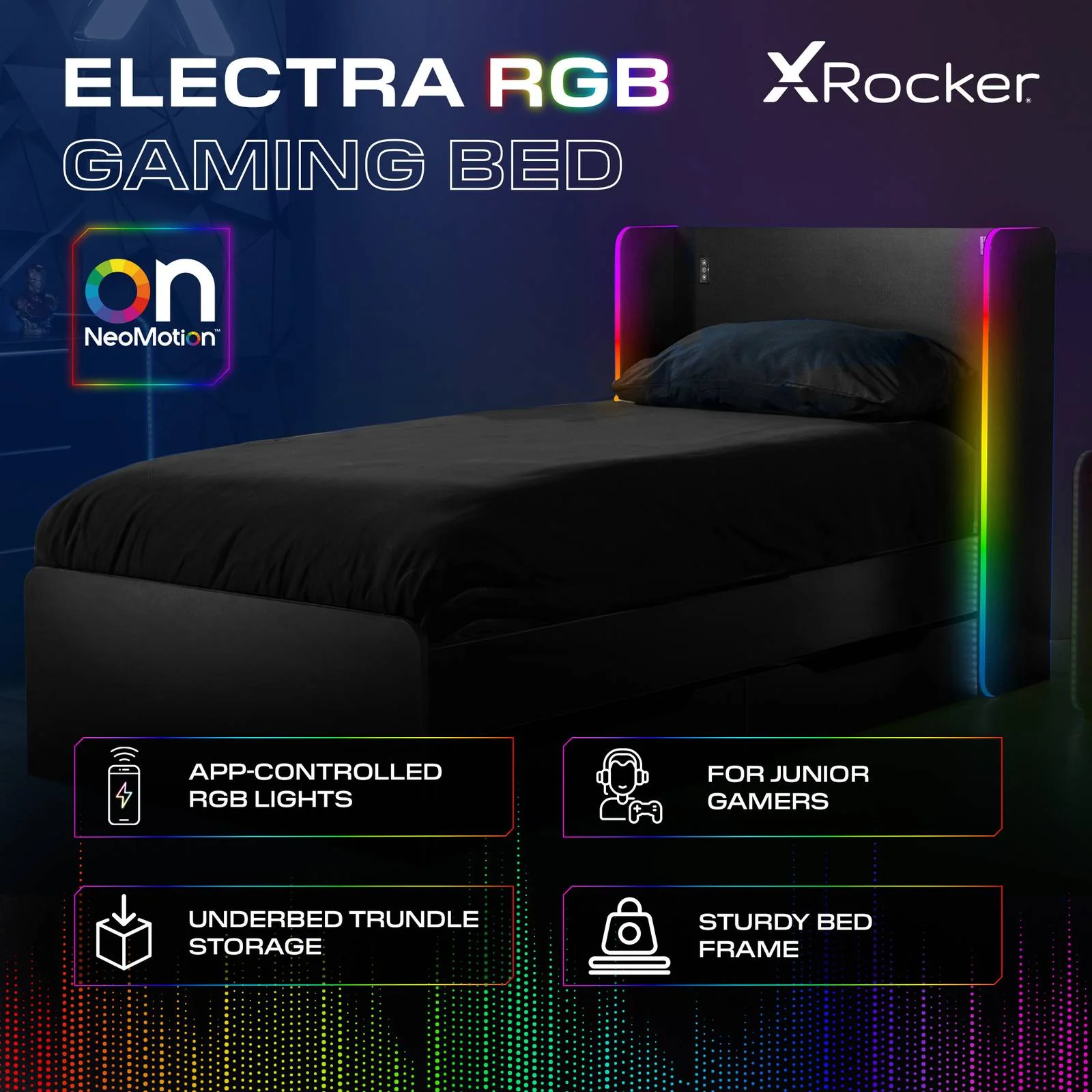 Electra LED Single Gaming Bed with Drawers - Black RGB