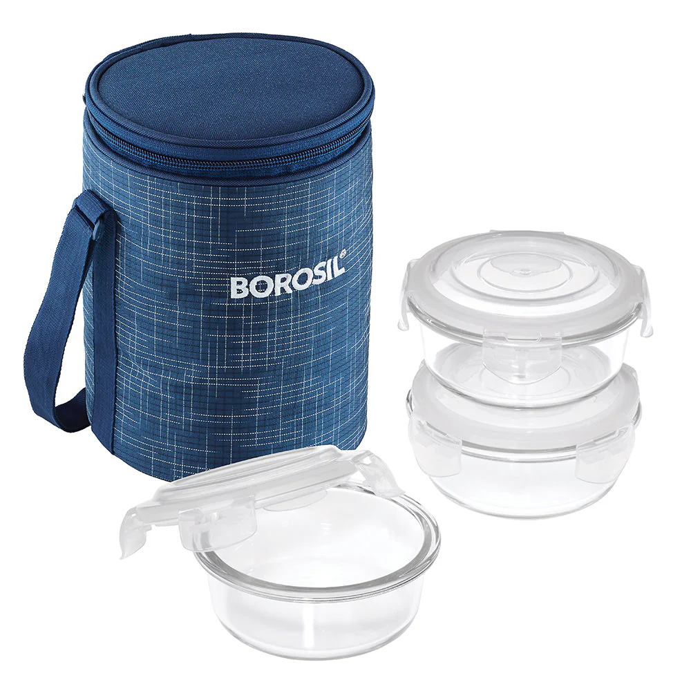 Borosil Indigo Glass Lunch Box, 3 Round, 400ml x 3