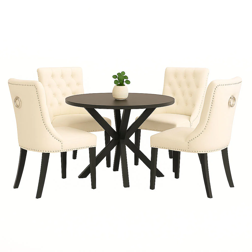 Neo Set of Four Studded Natural Velvet Dining Chairs with Ring Knocker Detail