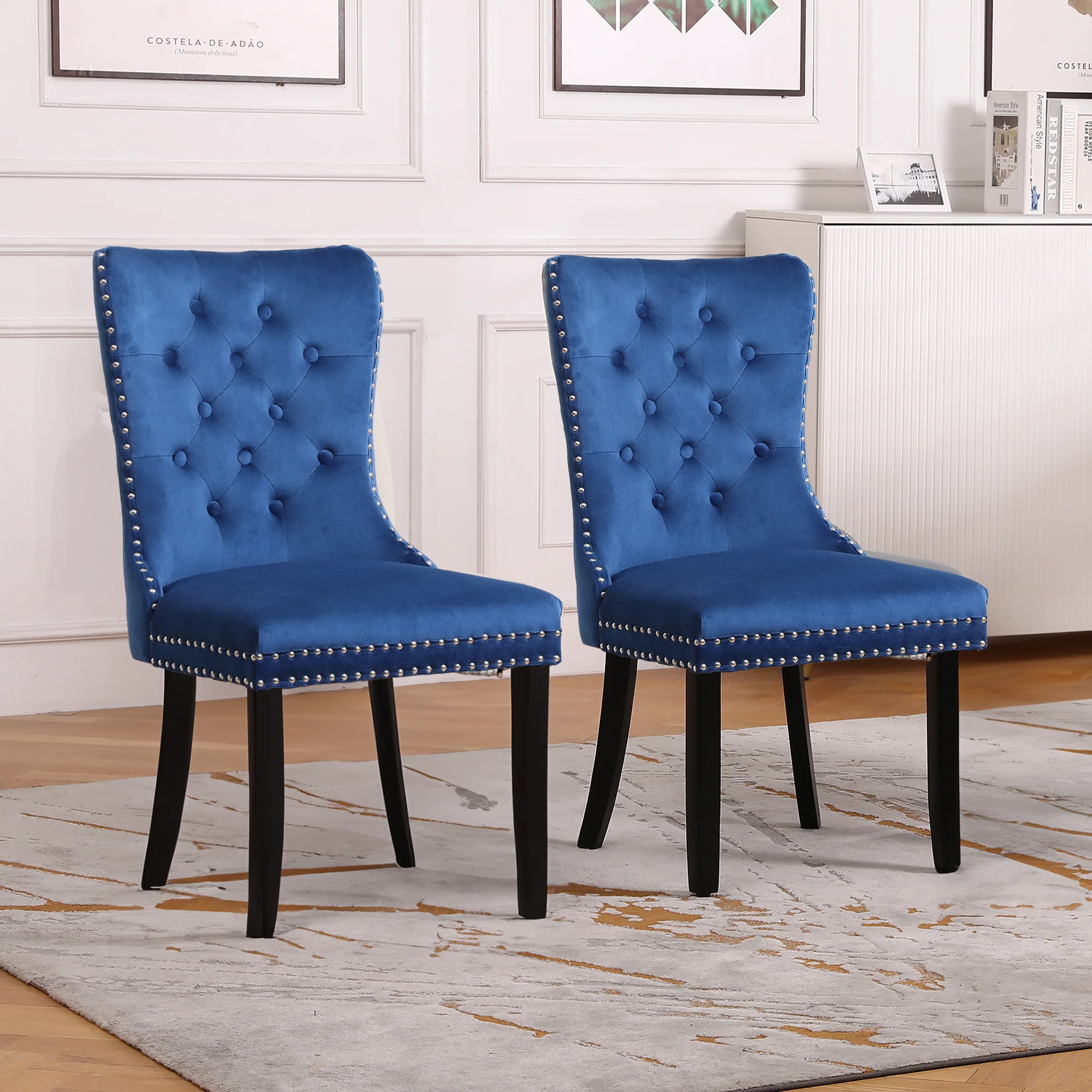Neo Set Of Two Midnight Blue Studded Velvet Dining Chairs with Ring Knocker Detail