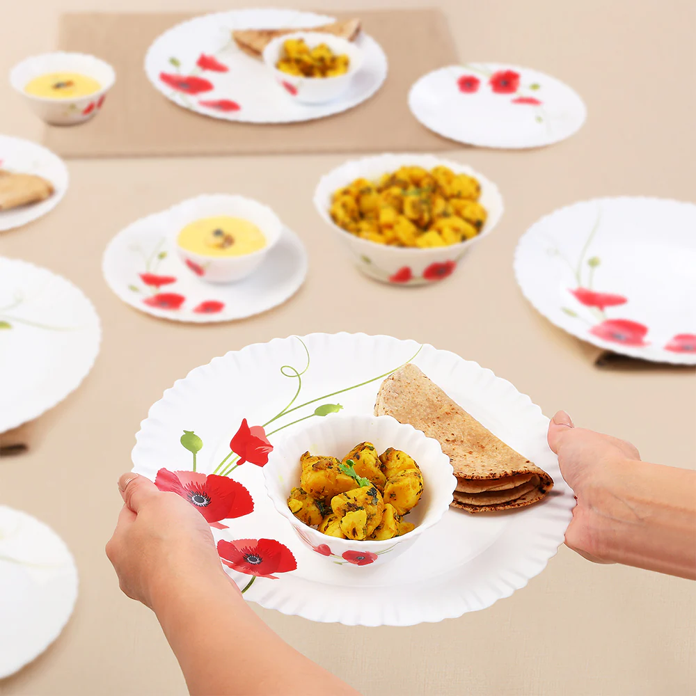 Larah by Borosil Red Carnation Dinner Set, 13 pc