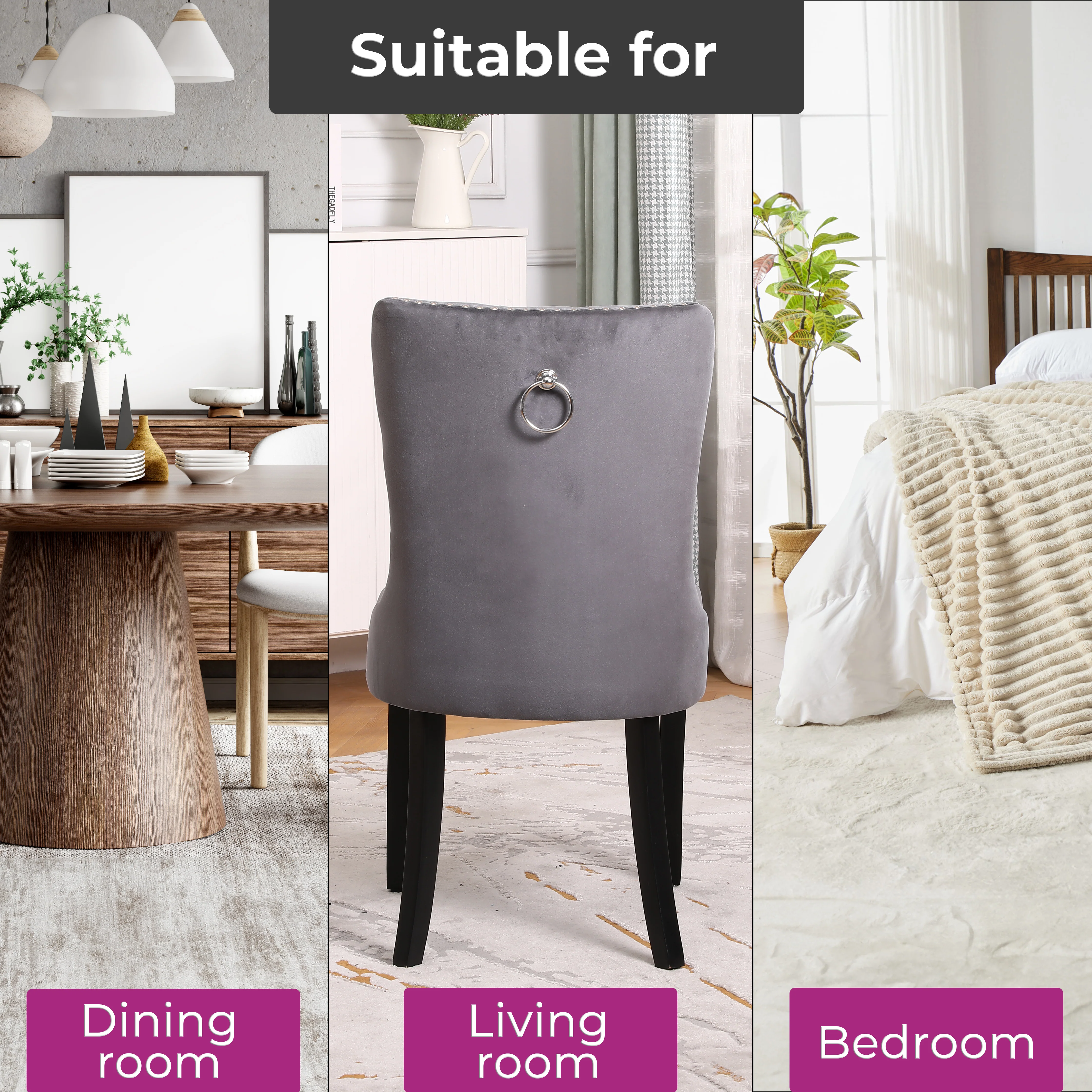 Neo Set Of Two Dark Grey Studded Velvet Dining Table Chair with Ring Knocker Detail